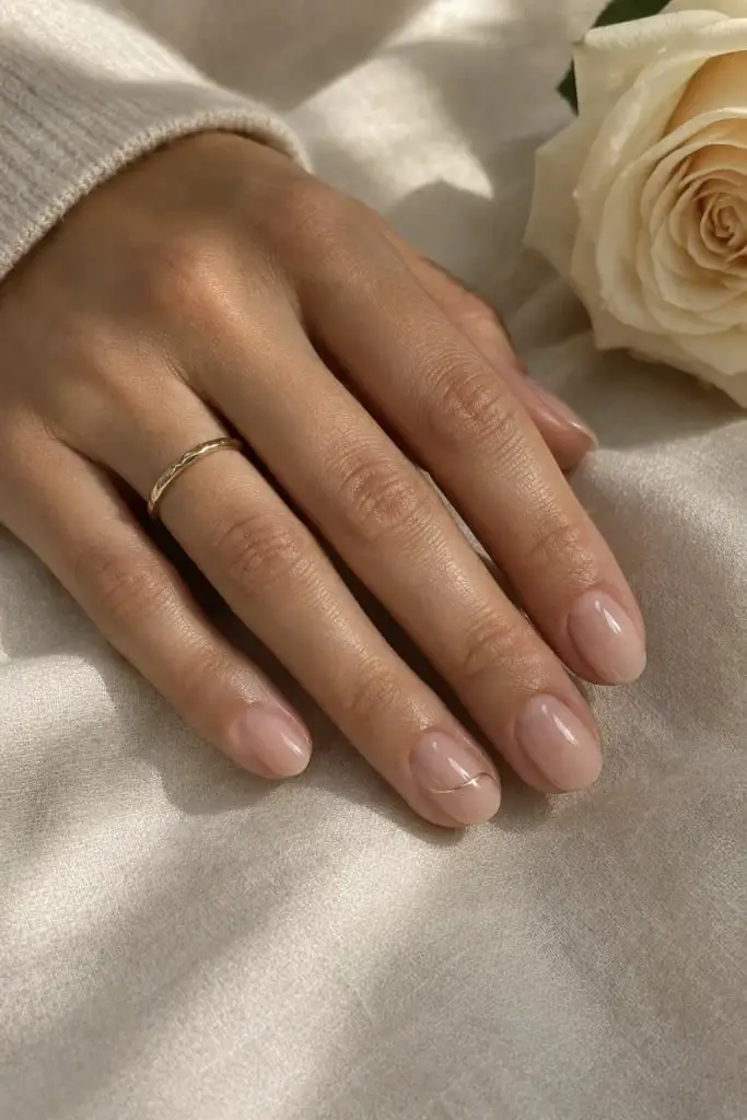 Sheer Nude Short Oval Nails with Gold Line Sheer Nude Short Oval Nails with Gold Line — Simple Sheer Nails