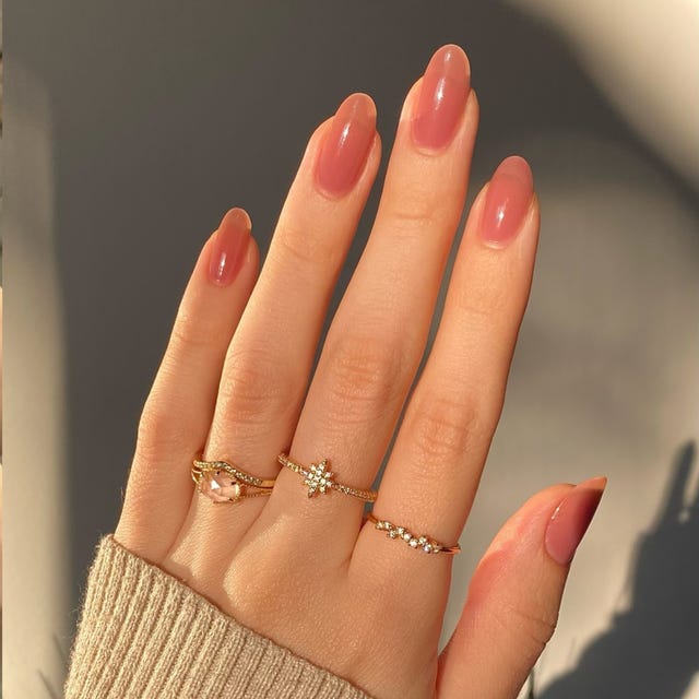 Milky White Shimmer Medium Almond Nails, Close-Up Take Milky White Shimmer Medium Almond Nails, Close-Up Take — Simple Sheer Nails