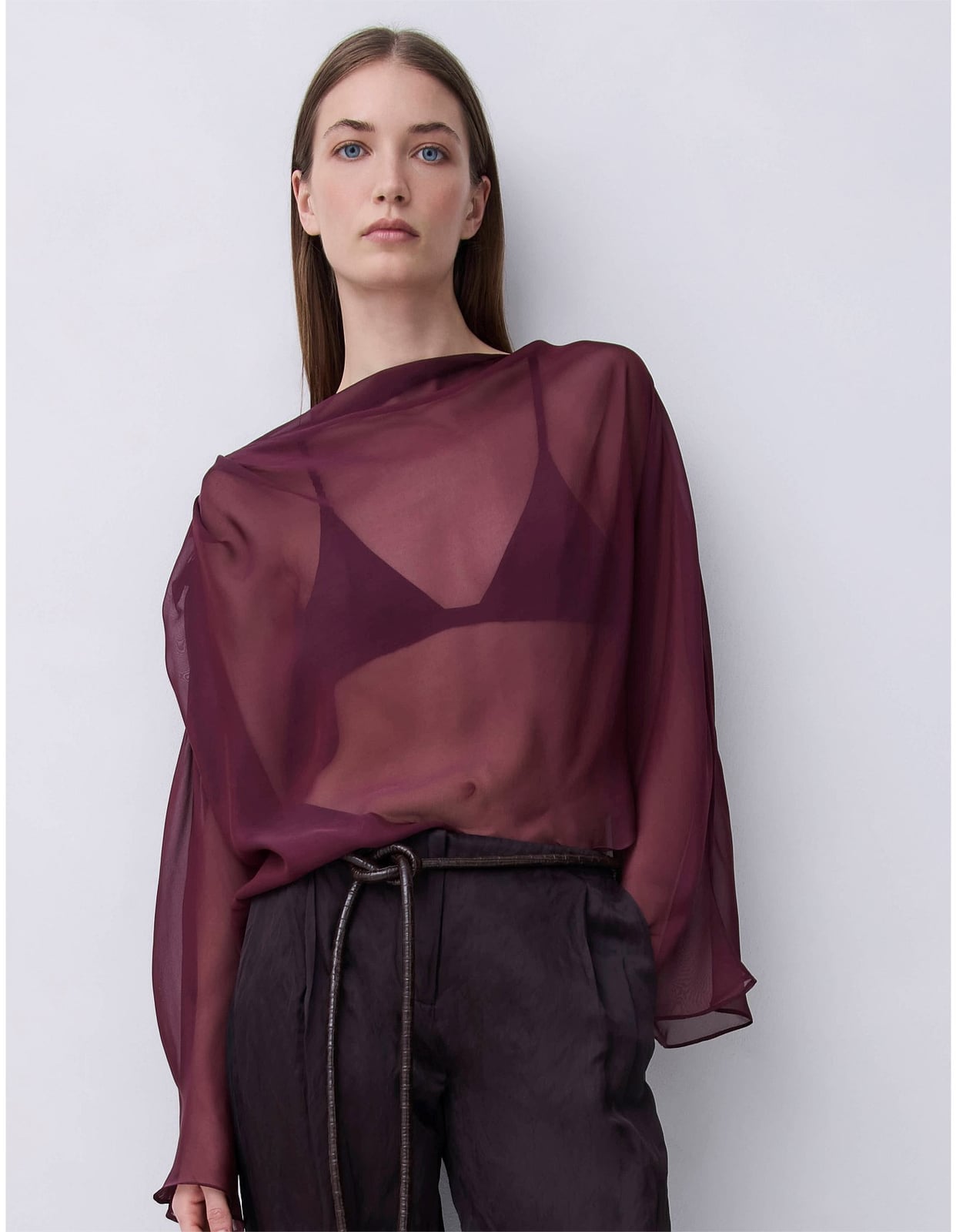 Sheer Burgundy Top With Draped Neckline Sheer Burgundy Top With Draped Neckline — Simple Sheer Top Outfit