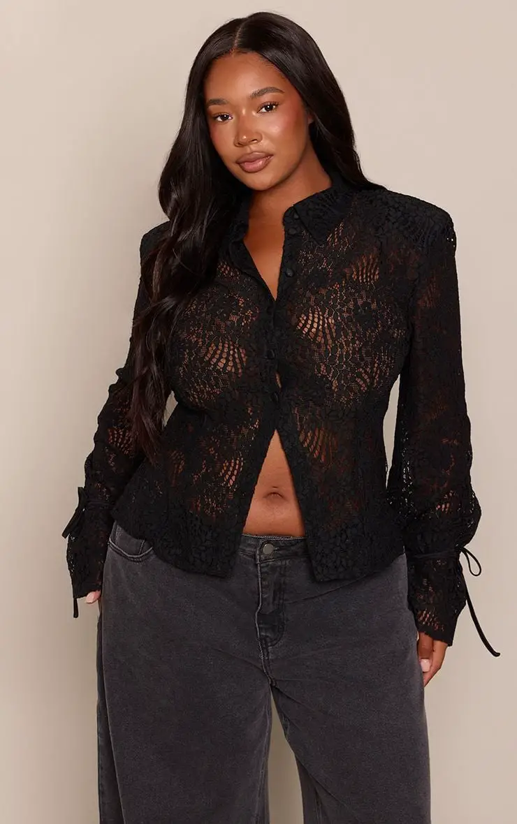 Black Lace Button-Up Shirt With Unbuttoned At The Bottom Black Lace Button-Up Shirt With Unbuttoned At The Bottom — Simple Sheer Top Outfit