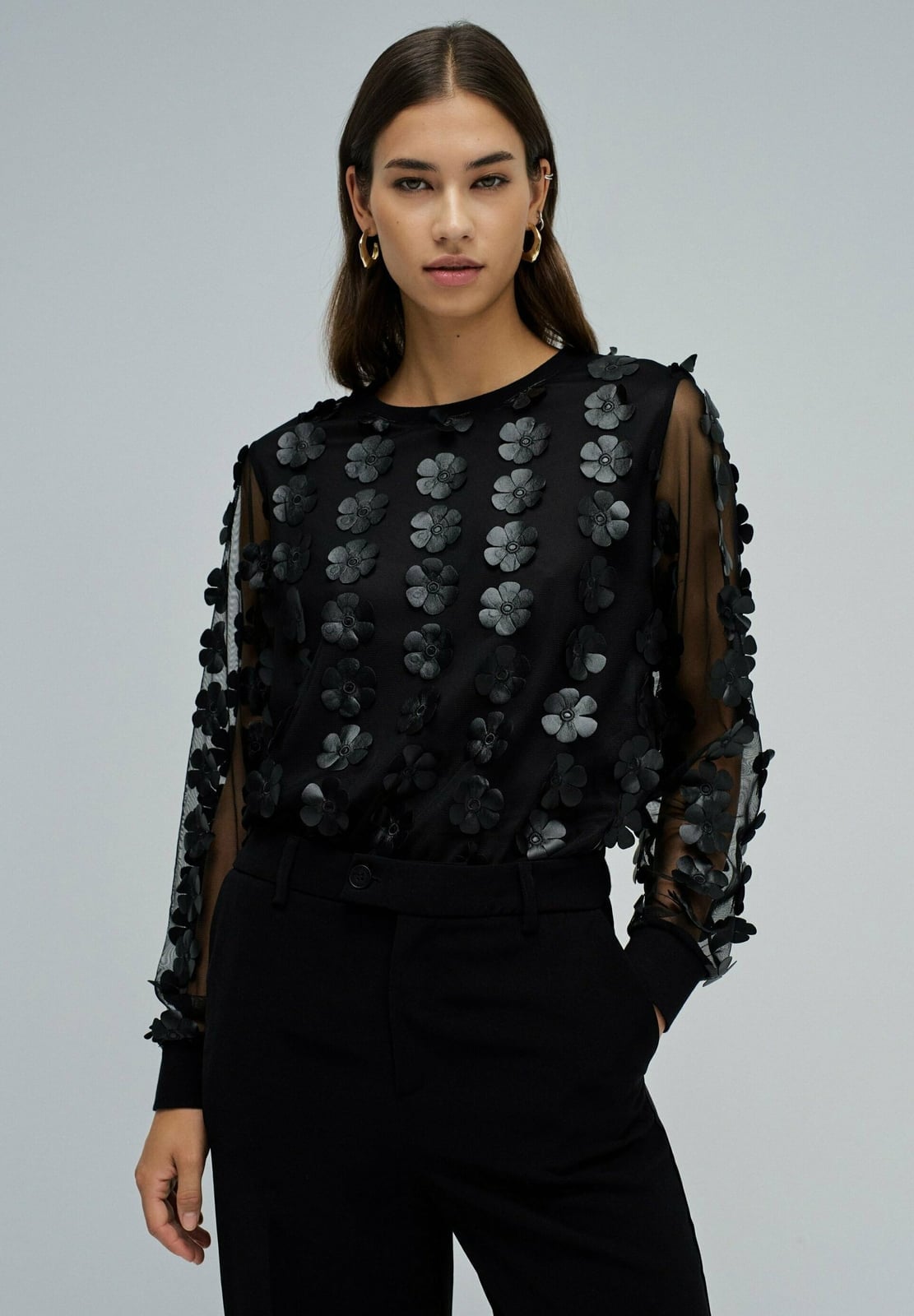 Sheer Black Top With 3D Floral Appliques Sheer Black Top With 3D Floral Appliques — Simple Sheer Top Outfit