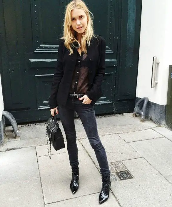 Sheer Black Button-Up Shirt With Blazer, Fitted Sheer Black Button-Up Shirt With Blazer, Fitted — Simple Sheer Top Outfit