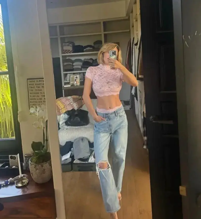 Fitted Pink Lace Crop Top Fitted Pink Lace Crop Top — Simple Sheer Top Outfit