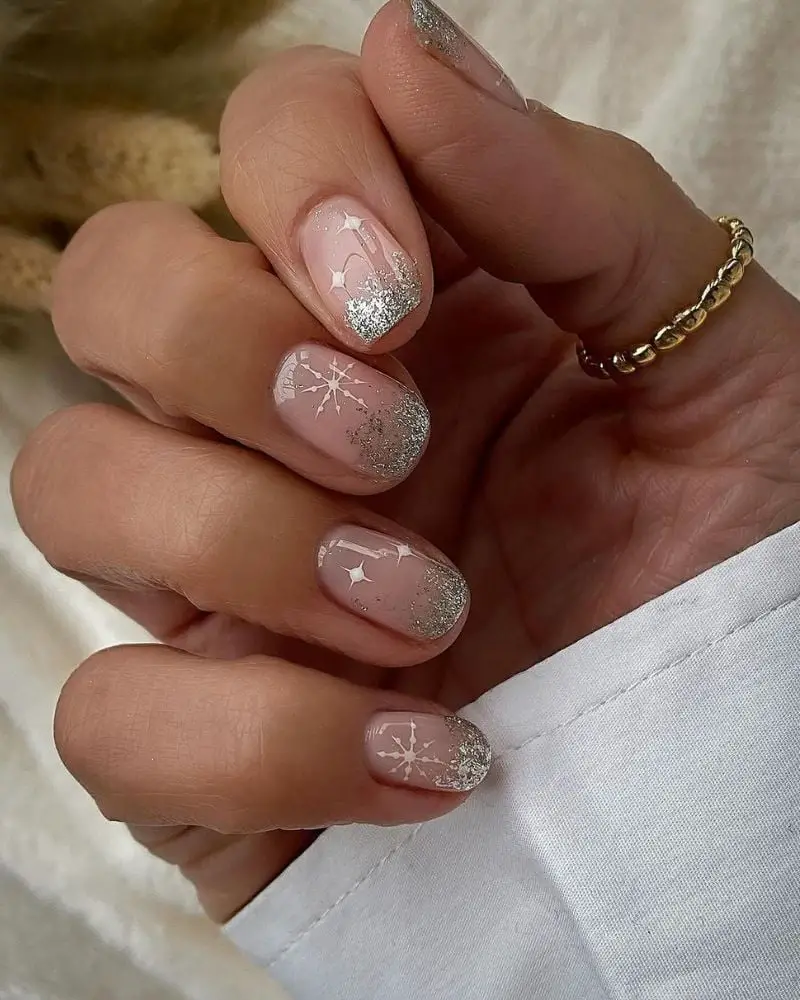 Glitter French Tip Snowflake Short Almond Nails — Simple Shimmer Nails