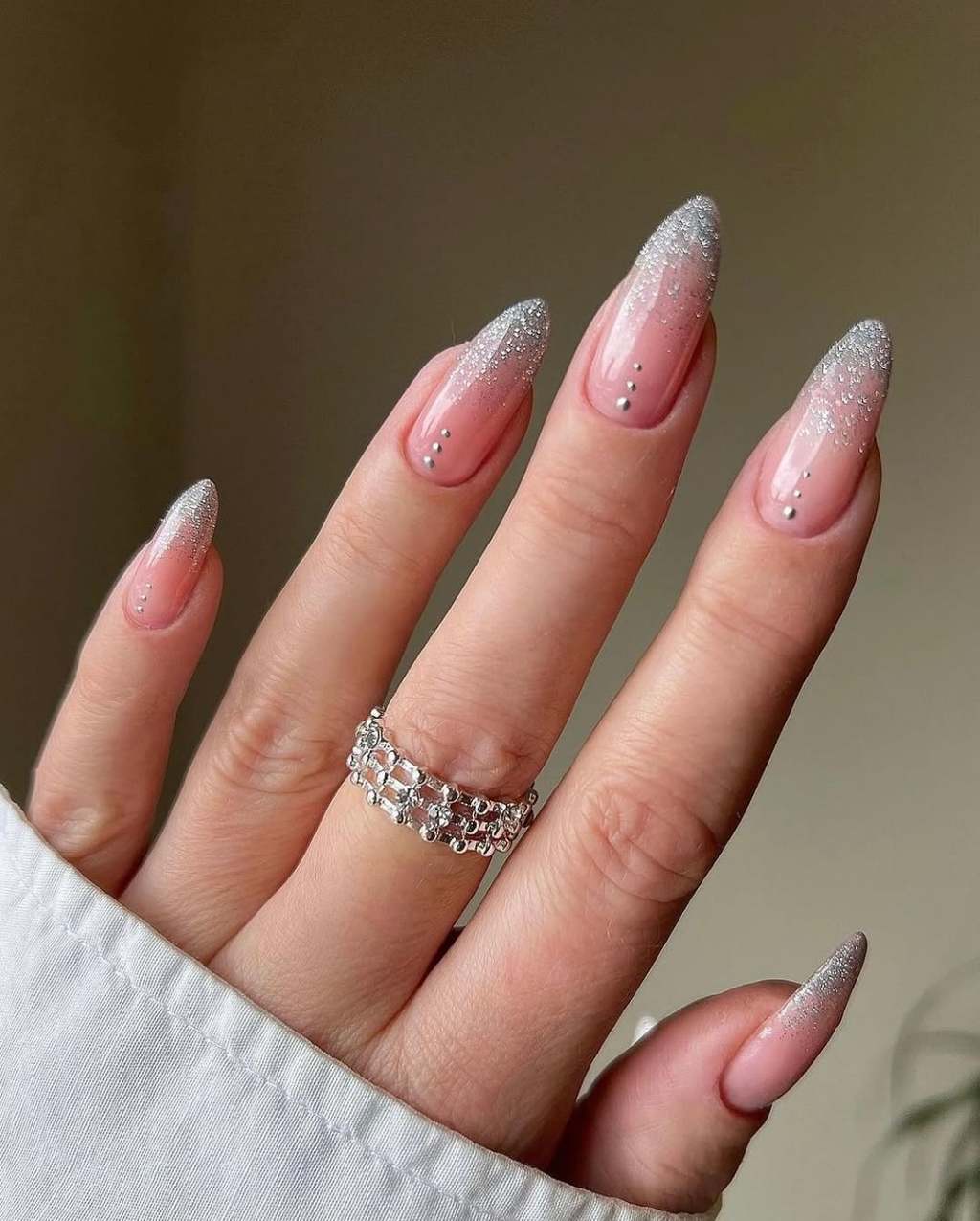 Glitter Gradient Bead Medium Almond Nails — Simple Shimmer Nails