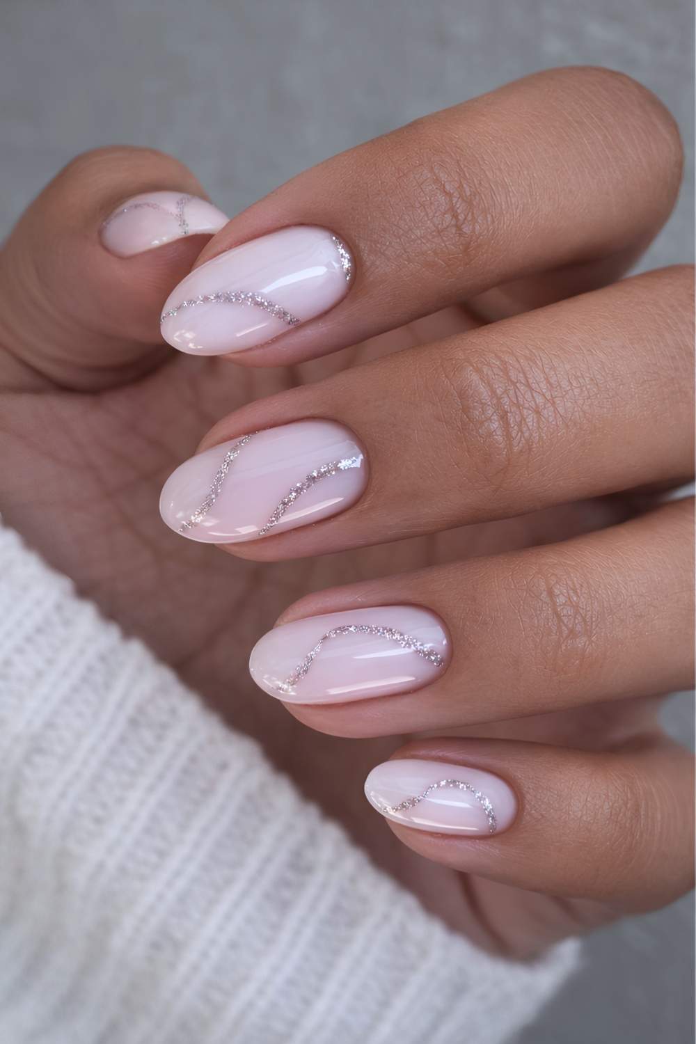 Diagonal Silver Line Medium Almond Nails — Simple Shimmer Nails