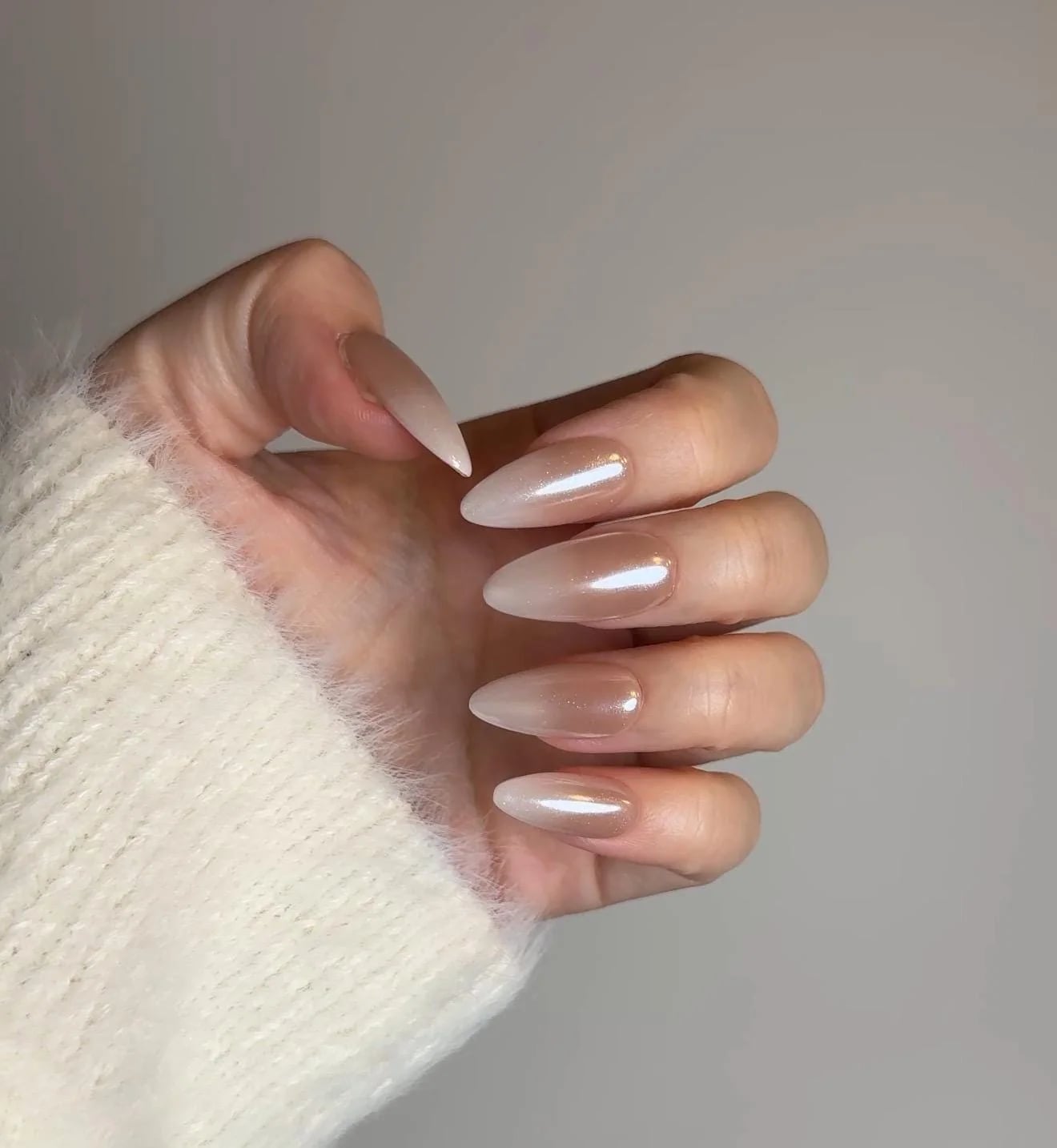 Shimmer Ombre Milky Nude White Long Almond Nails — Simple Shimmer Nails