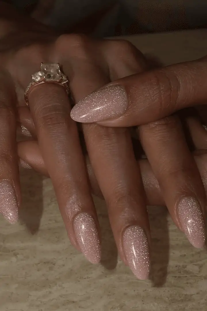 Fine Glitter Sheer Pale Pink Long Almond Nails — Simple Shimmer Nails