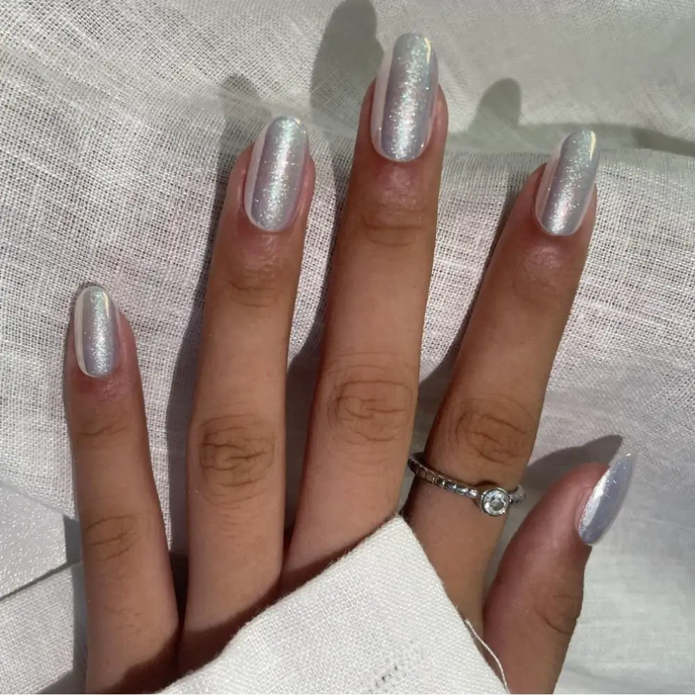 Dense Silver Shimmer Glitter Long Oval Nails — Simple Shimmer Nails
