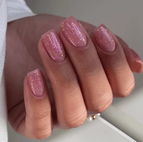 Multi-Colored Glitter Sheer Pale Pink Short Square Nails — Simple Shimmer Nails