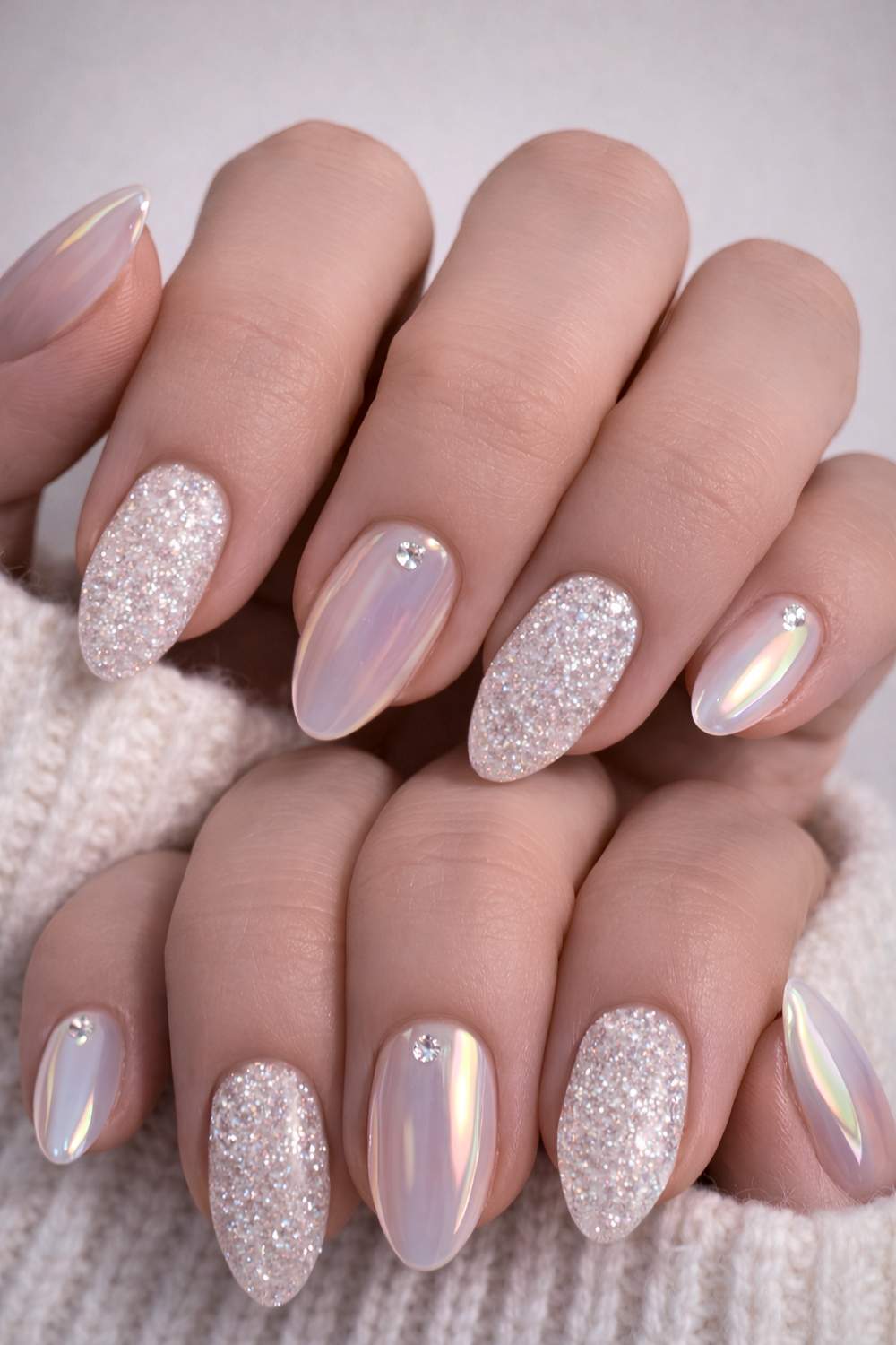 Silver Glitter Pearlescent White Medium Oval Nails — Simple Shimmer Nails