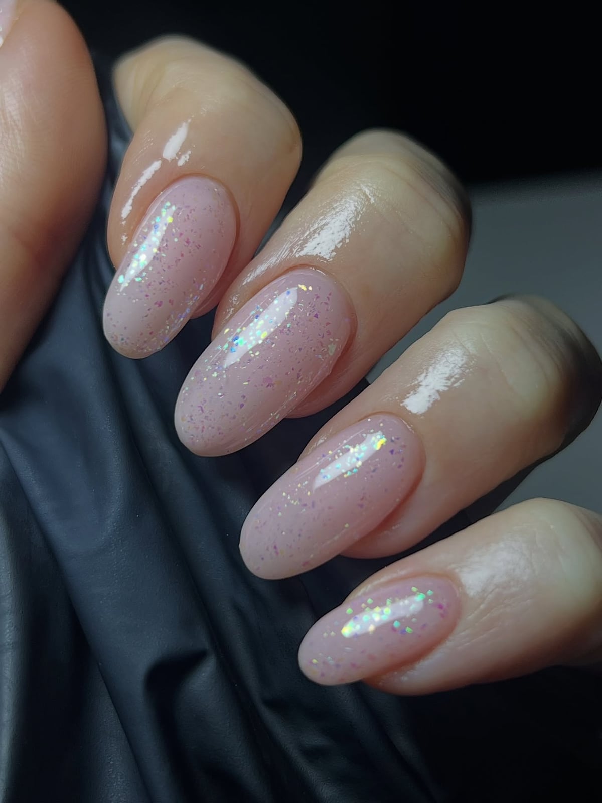 Dense Silver Glitter Light Pink Short Oval Nails — Simple Shimmer Nails