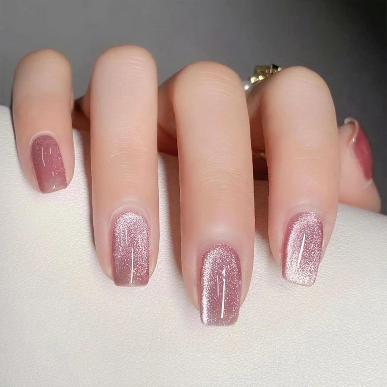 Dusty Rose Cat-Eye Shimmer Short Square Nails — Simple Shimmer Nails