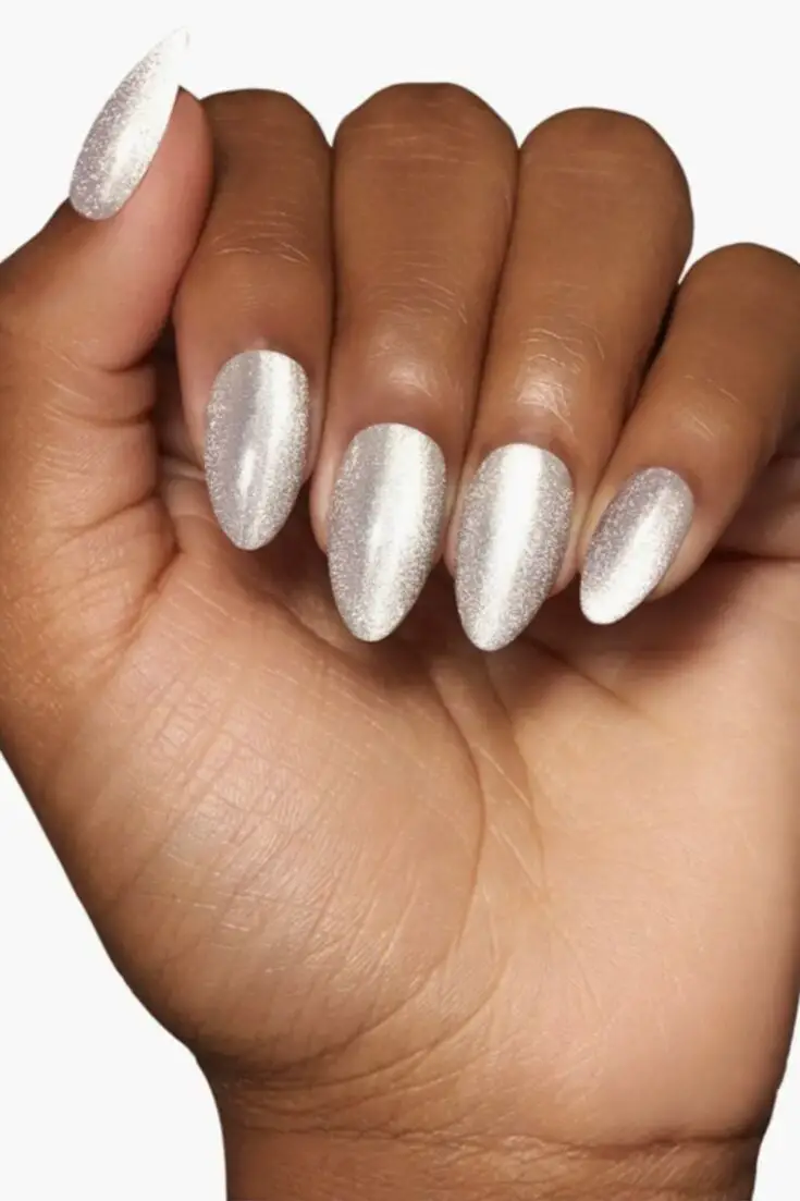 Metallic Silver Shimmer Medium Almond Nails — Simple Shimmer Nails