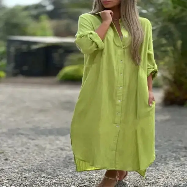 Lime Green Linen Shirt Dress with Flat Sandals — Simple Shirt Dress Outfits