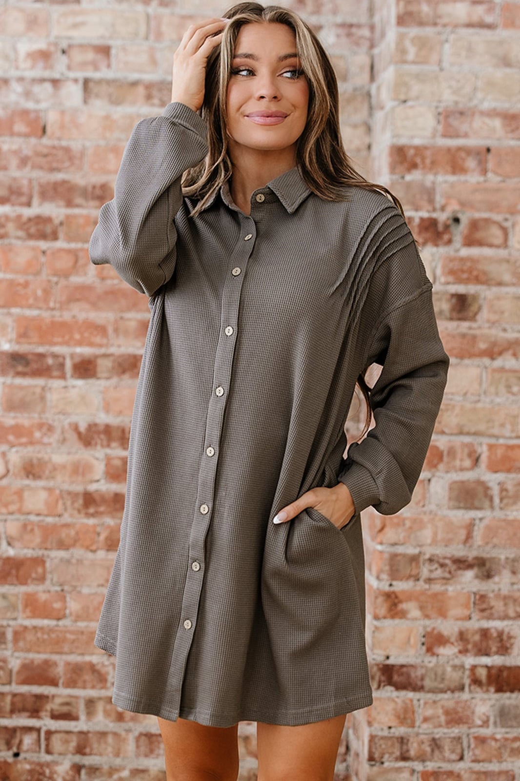 Taupe Waffle Knit Shirt Dress with Pleated Shoulders — Simple Shirt Dress Outfits