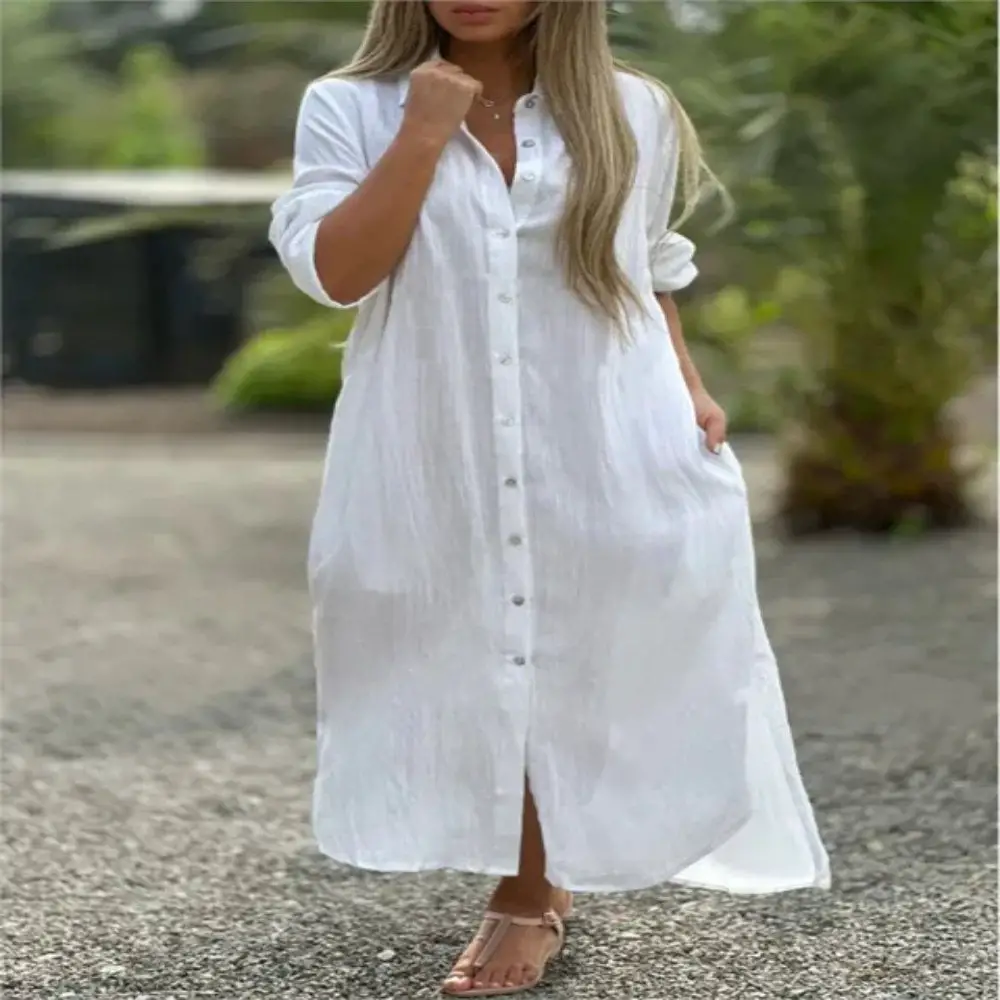 Oversized White Cotton Linen Shirt Dress and Sandals — Simple Shirt Dress Outfits