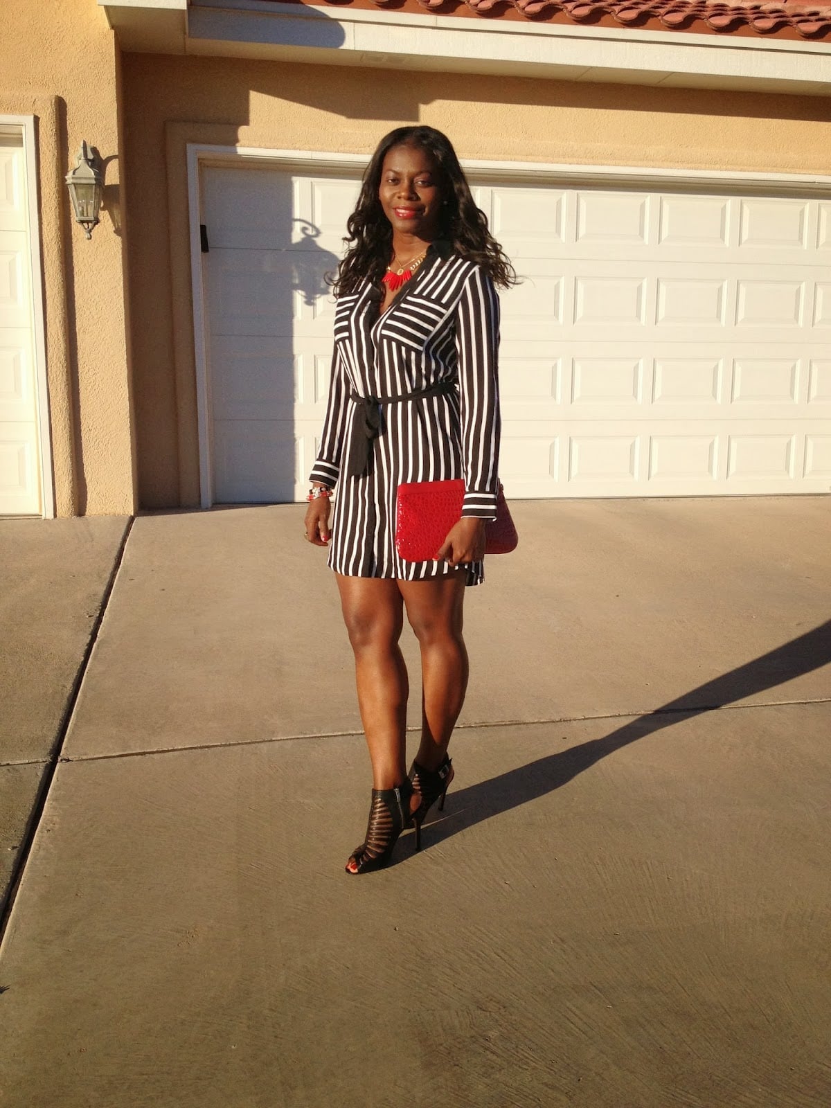 Striped Shirt Dress with Belt and Red Accents — Simple Shirt Dress Outfits