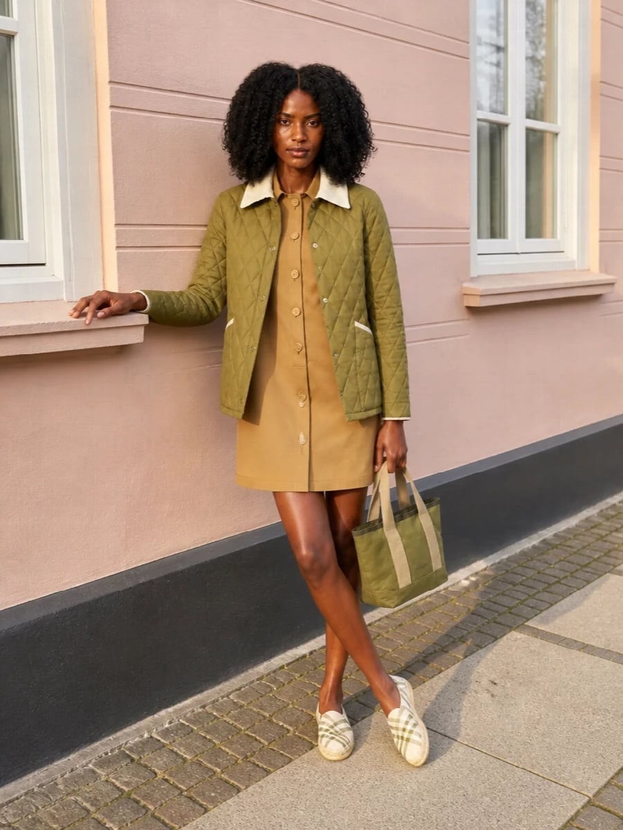 Tan Shirt Dress Under Olive Quilted Jacket — Simple Shirt Dress Outfits