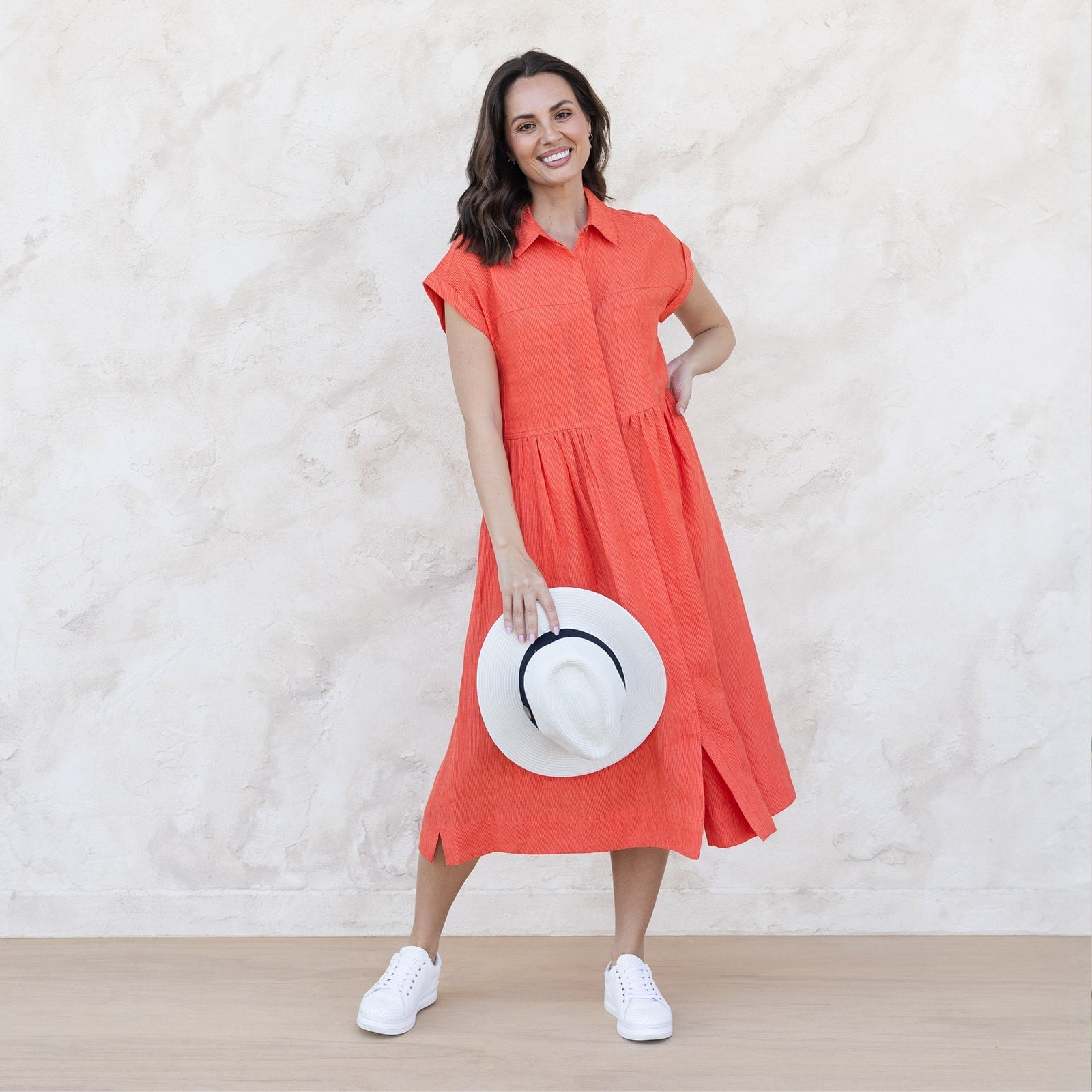 Vibrant Orange Linen Shirt Dress with White Sneakers — Simple Shirt Dress Outfits