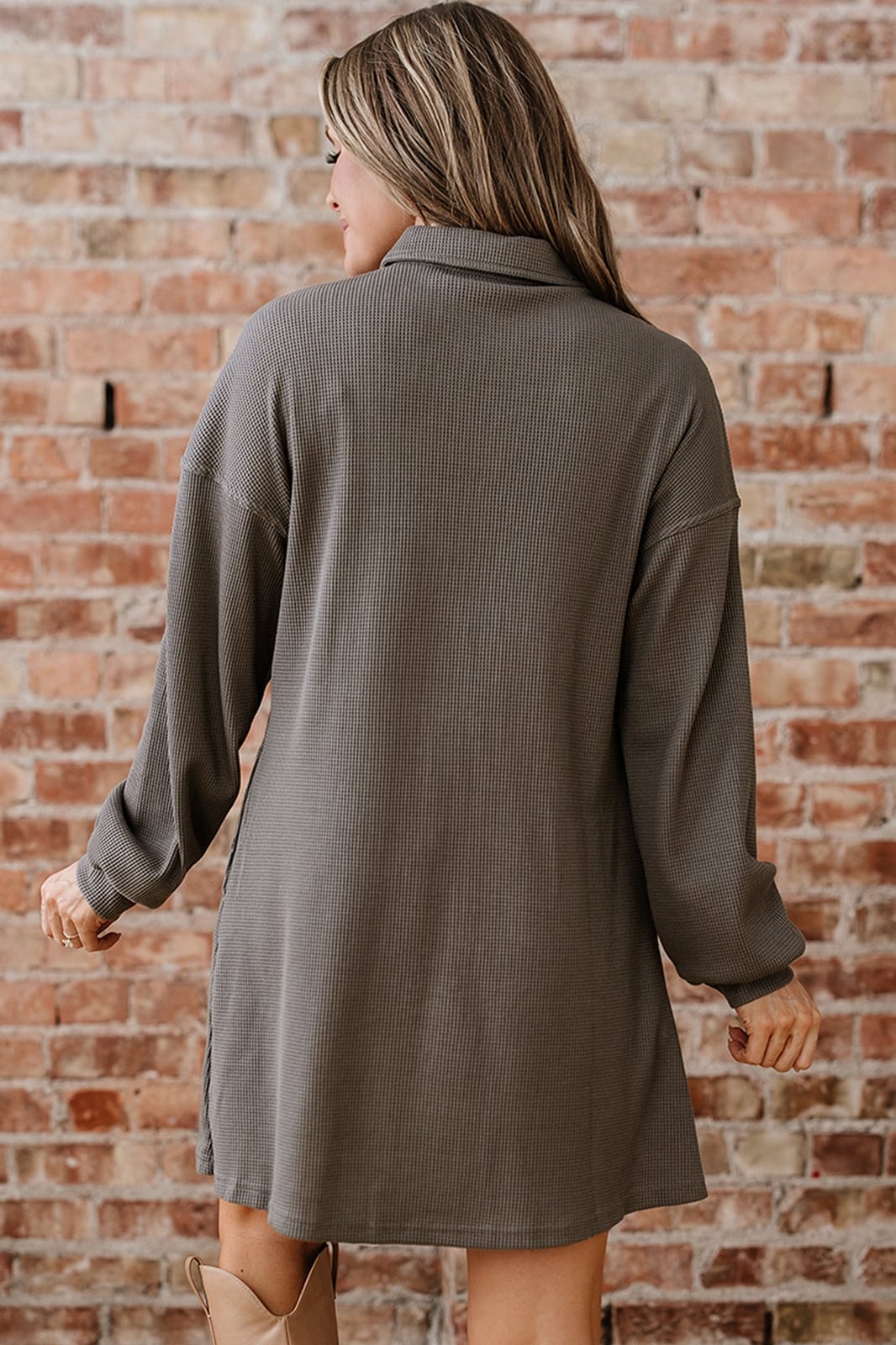Taupe Waffle Knit Shirt Dress Back View — Simple Shirt Dress Outfits