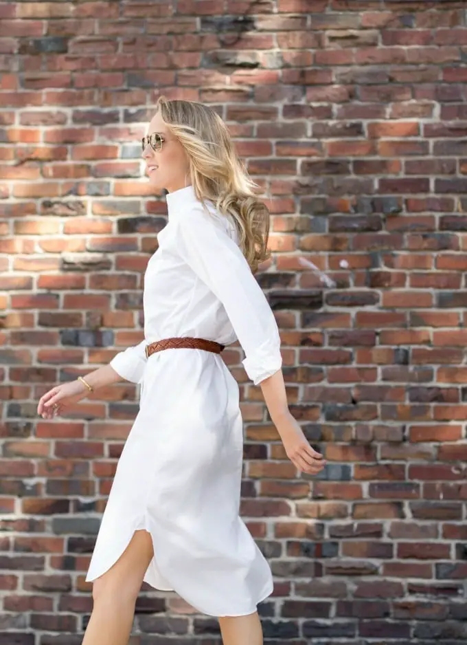 Relaxed White Shirt Dress with Brown Belt and Heels — Simple Shirt Dress Outfits