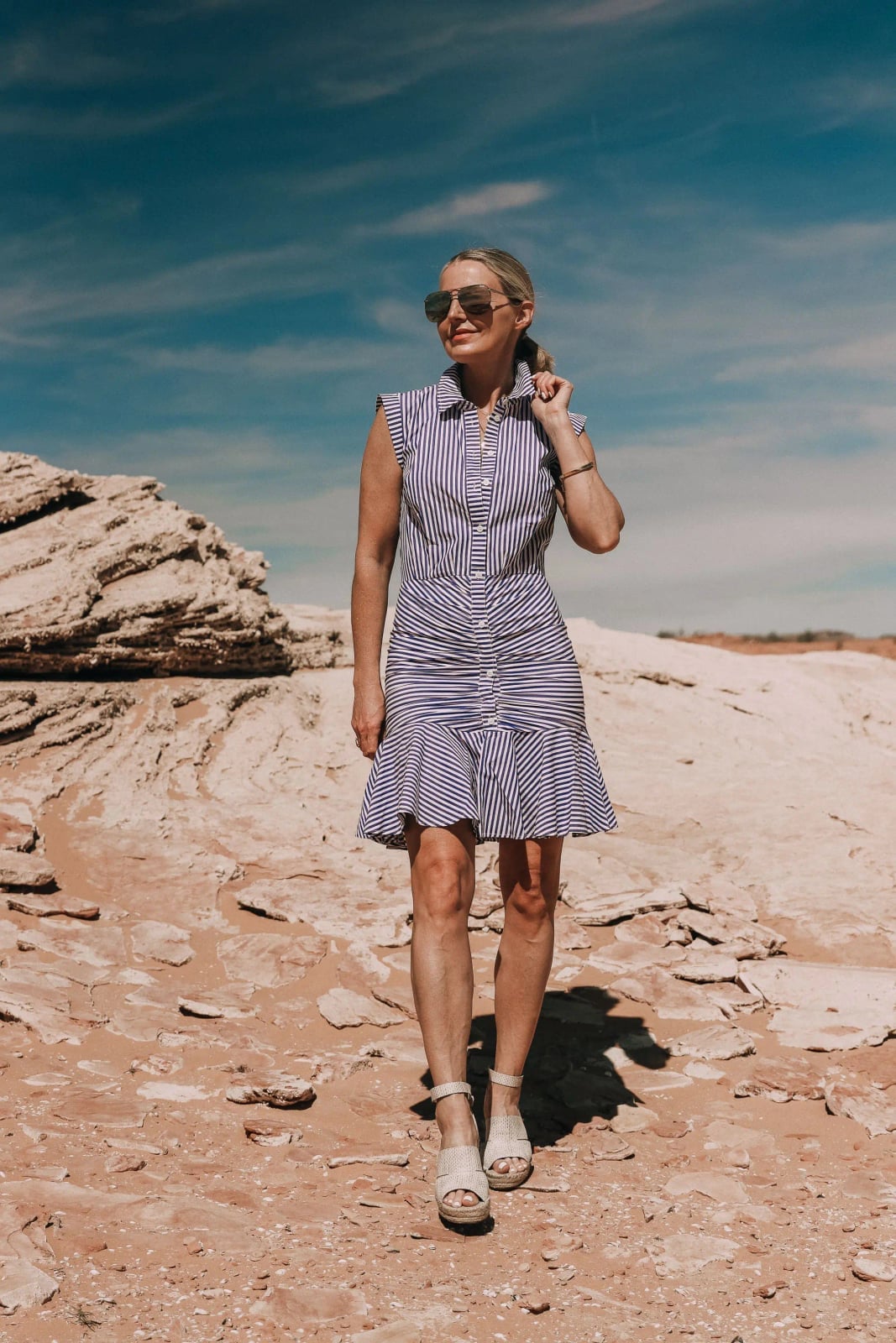 Striped Sleeveless Shirt Dress with Ruffled Hem — Simple Shirt Dress Outfits