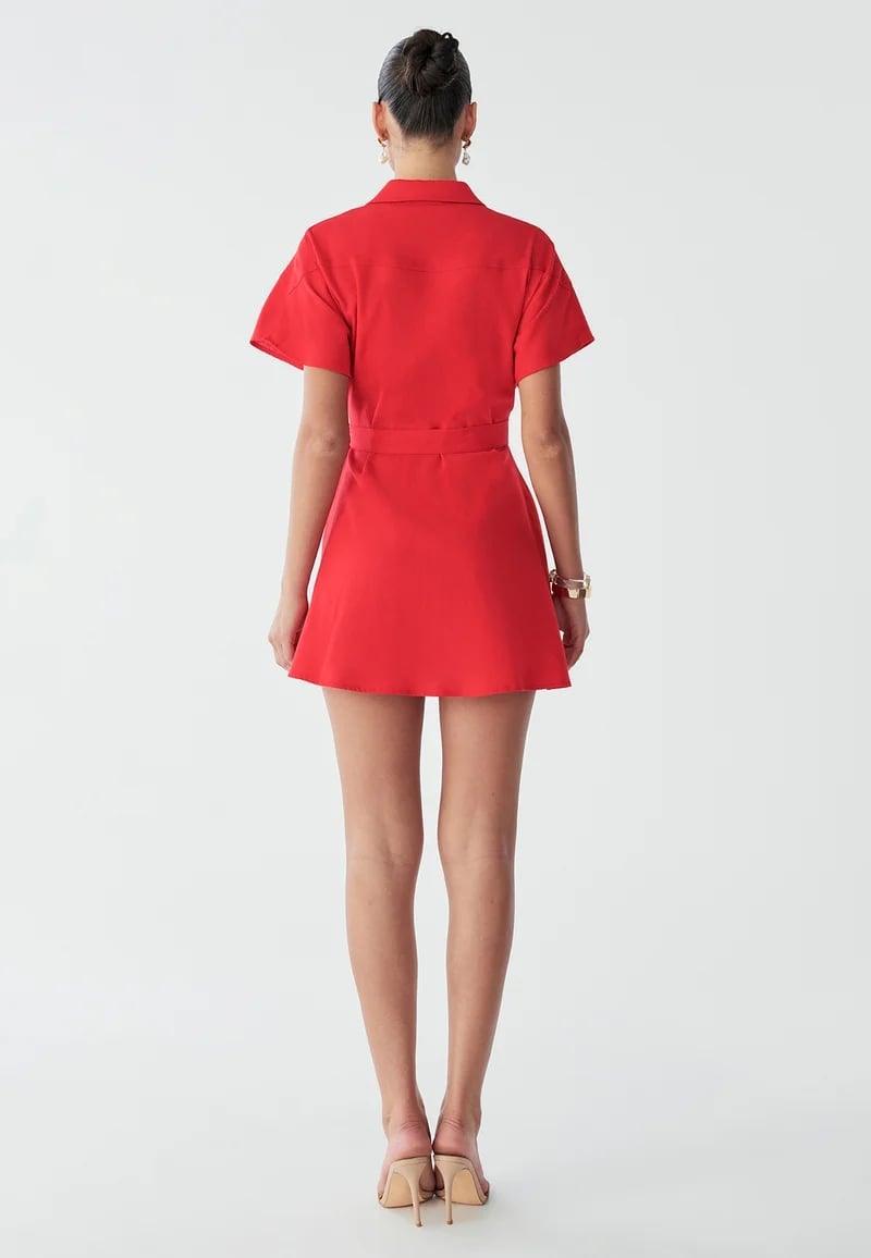 Red Linen Blend Fit and Flare Shirt Dress — Simple Shirt Dress Outfits