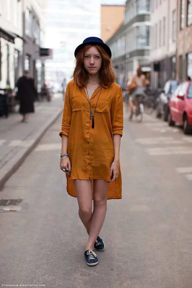 Relaxed Orange Shirt Dress with Blue Sneakers — Simple Shirt Dress Outfits