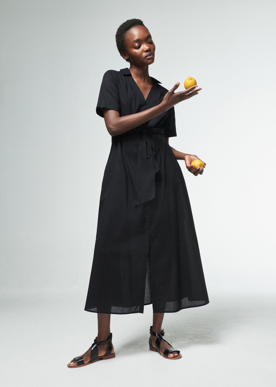 Black Shirt Dress with Tie Waist and Flat Sandals — Simple Shirt Dress Outfits