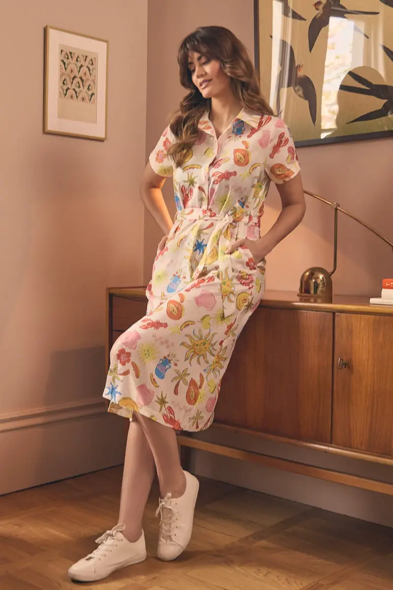 Printed White Shirt Dress with Belt and Sneakers — Simple Shirt Dress Outfits