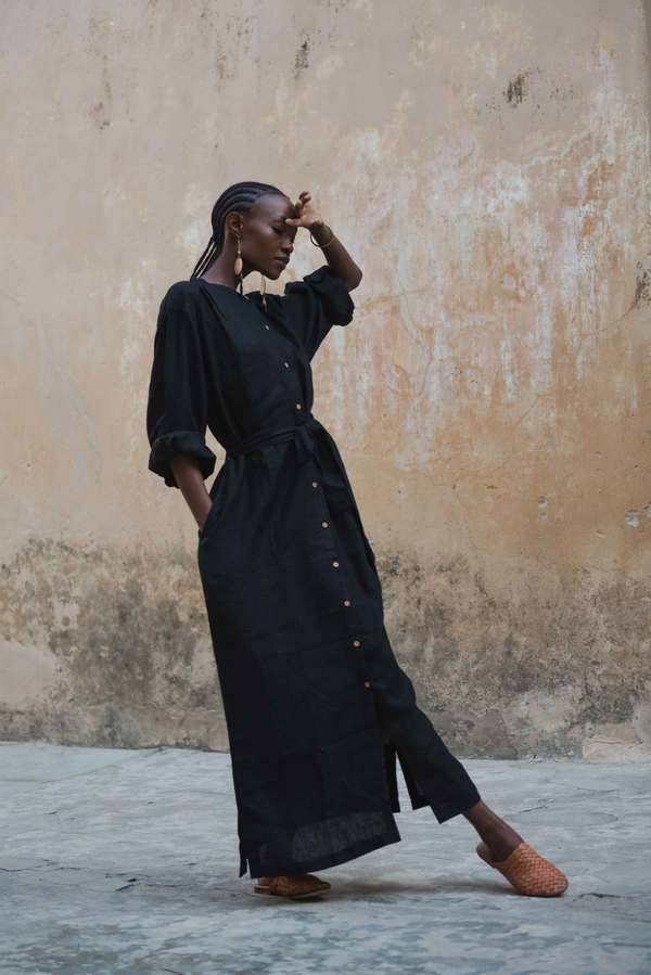 Black Linen Shirt Dress Layered Over Trousers — Simple Shirt Dress Outfits