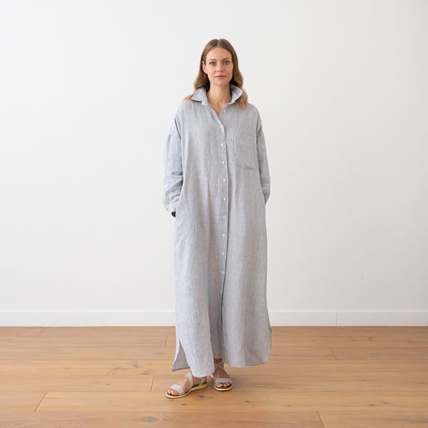 Gray and White Striped Linen Shirt Dress with Slits — Simple Shirt Dress Outfits