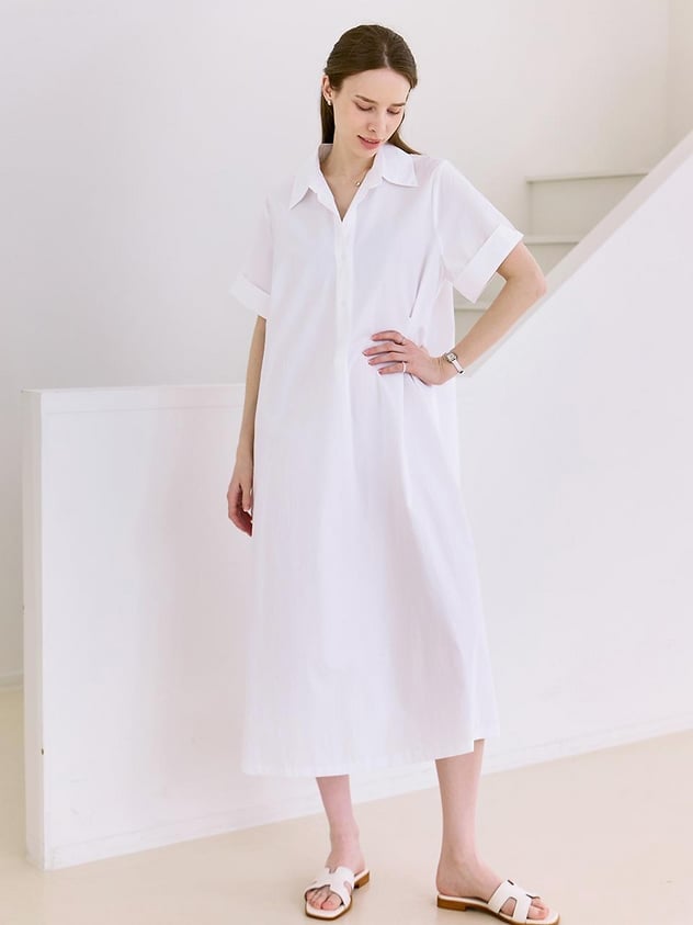 White Cotton Oversized Midi Shirt Dress, Sandals, Close-Up Take — Simple Shirt Dresses