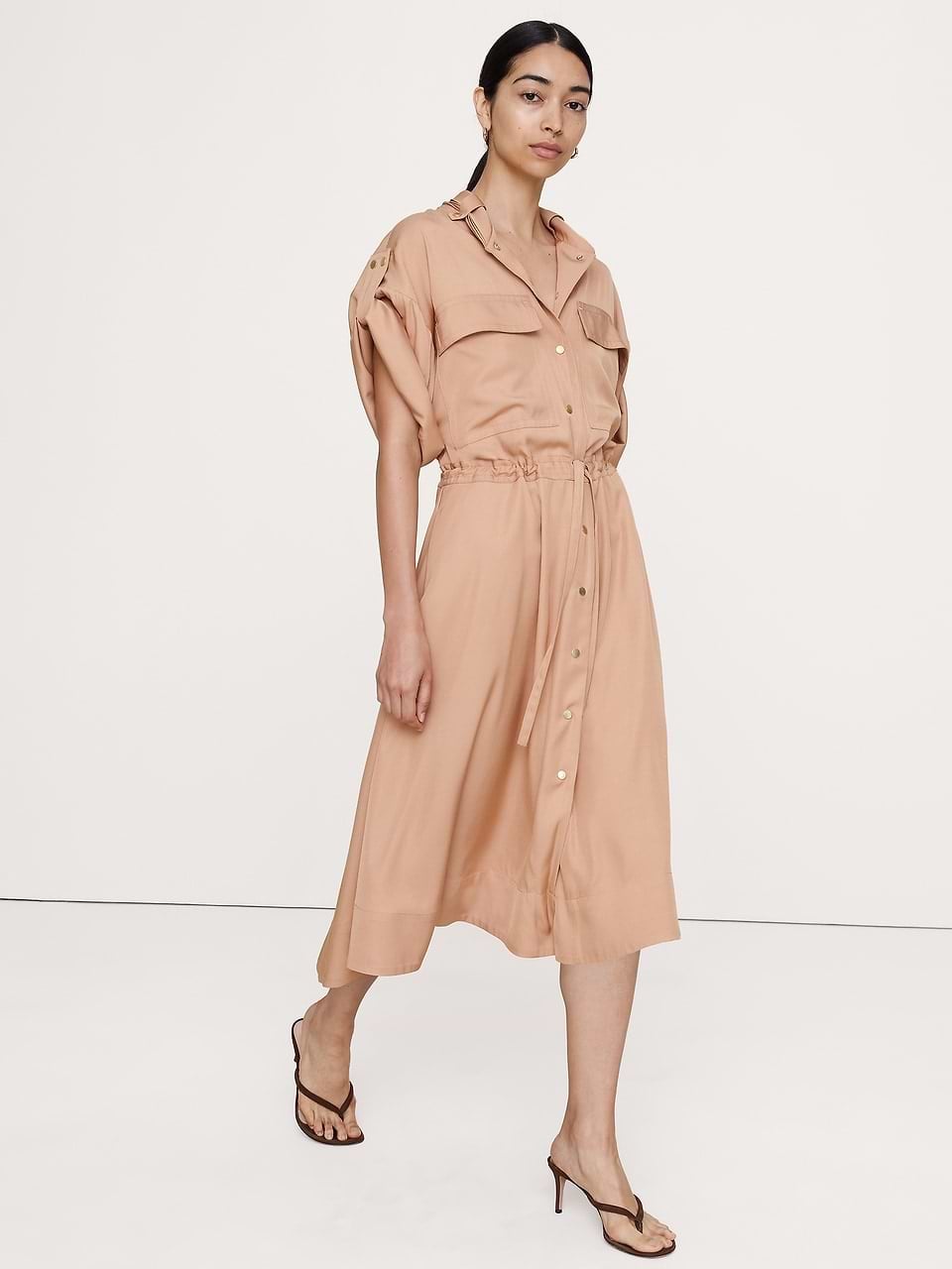 Beige Drawstring Waist Shirt Dress — Simple Shirt Dresses