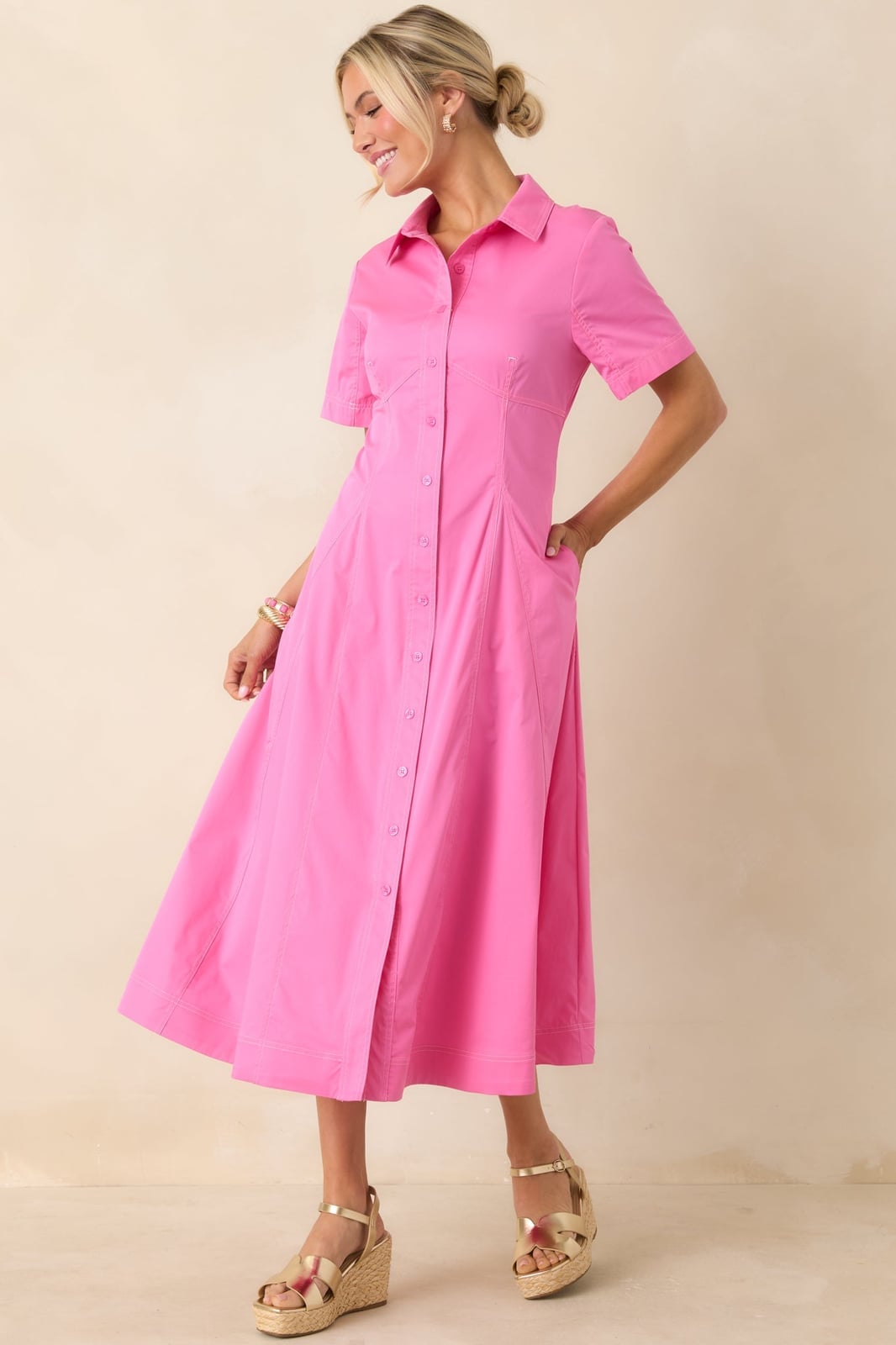Vibrant Pink Cotton Fit and Flare Midi Dress — Simple Shirt Dresses