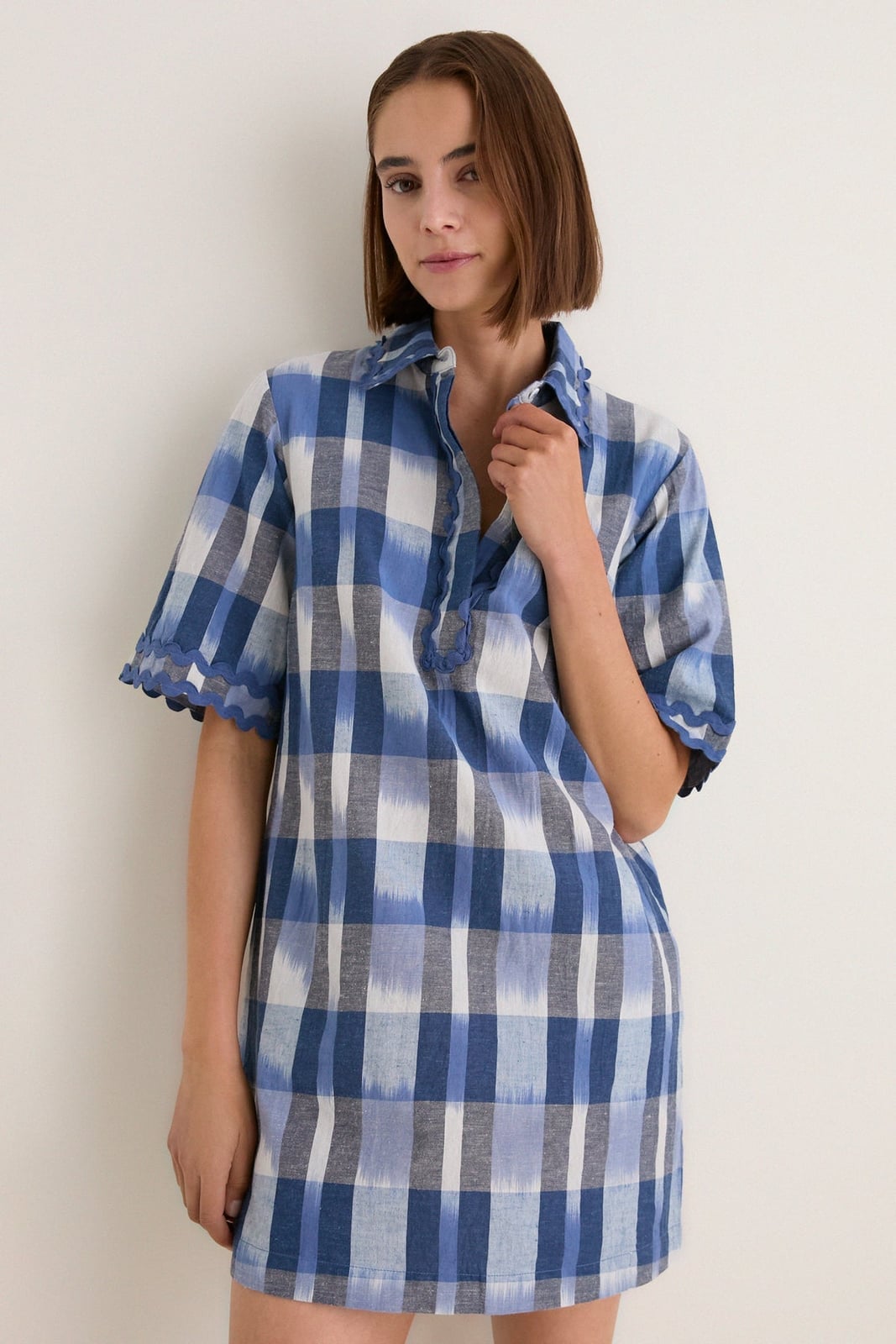 Blue and White Ikat Weave Mini Shirt Dress — Simple Shirt Dresses