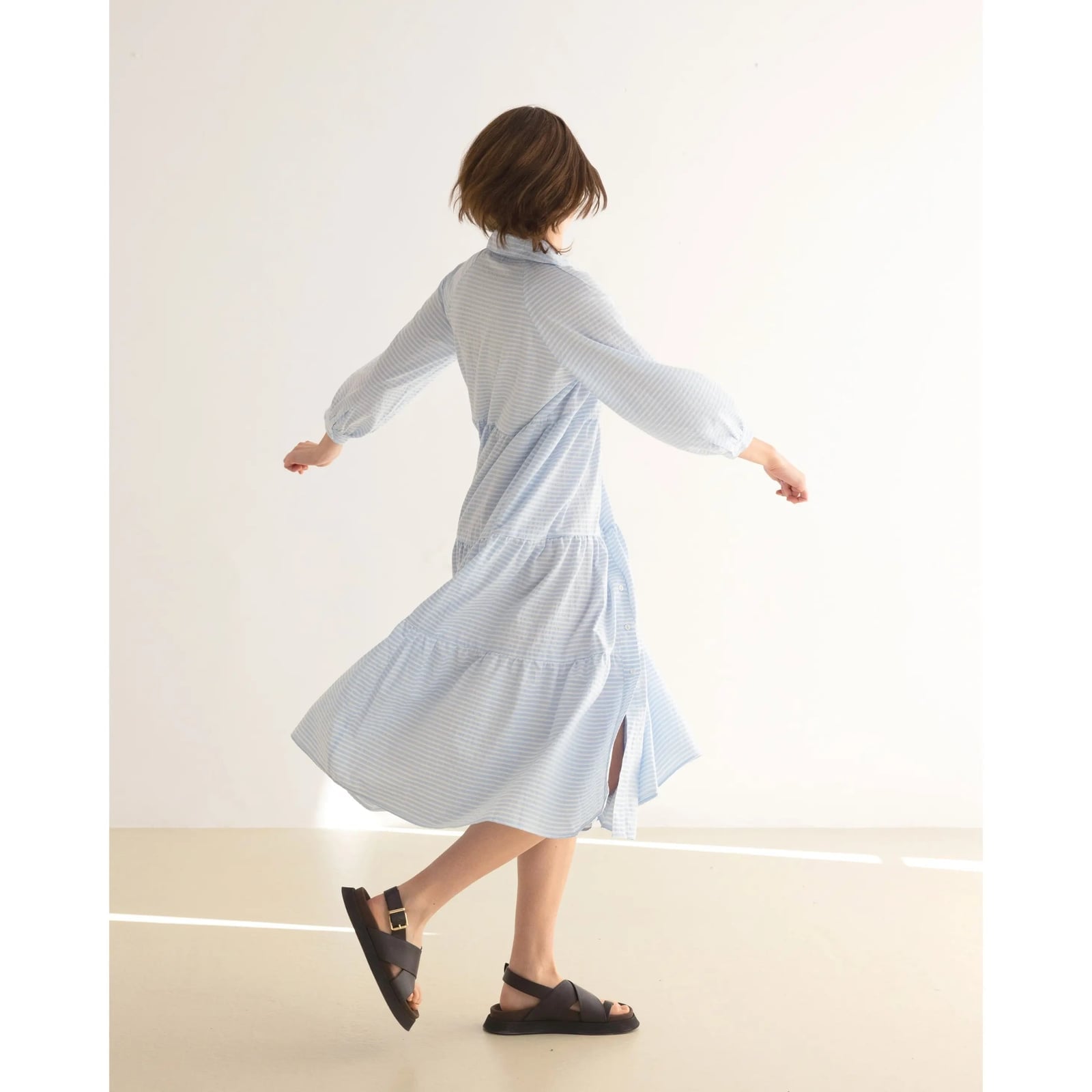 Light Blue Striped Tiered Midi Shirt Dress — Simple Shirt Dresses