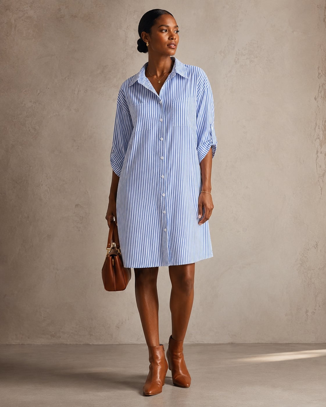 Blue and White Striped A-Line Shirt Dress with Rolled, Close-Up Take — Simple Shirt Dresses