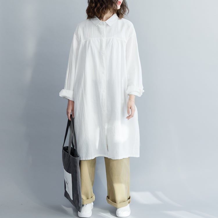 Oversized White Cotton Linen Blend Shirt Dress — Simple Shirt Dresses