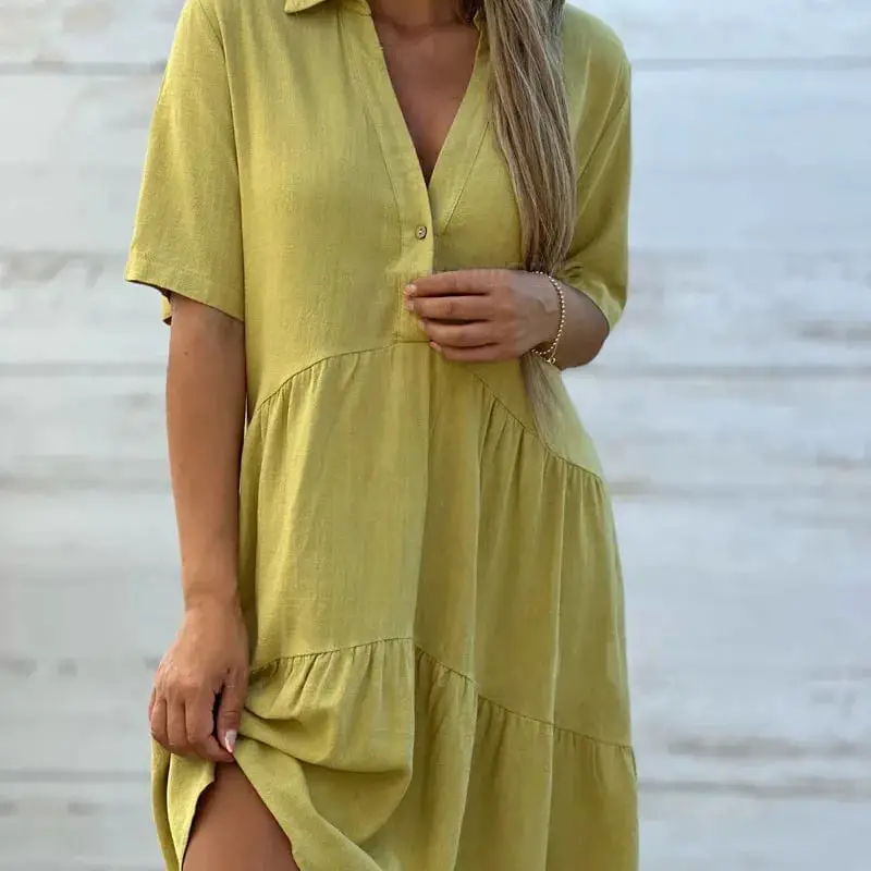 Lime Green Linen Blend Shirt Dress with Ruffled Hem — Simple Shirt Dresses