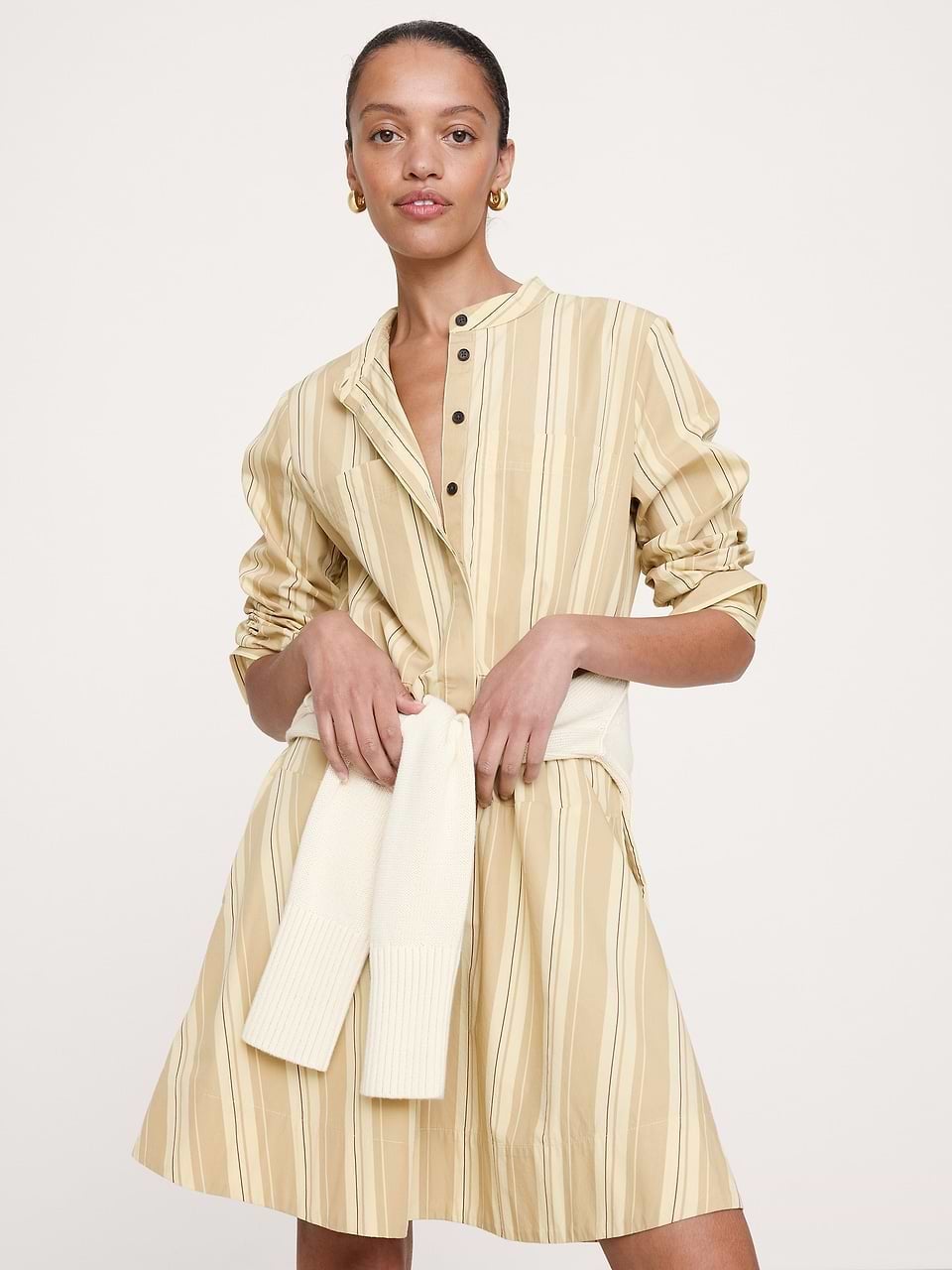 Beige and Cream Striped Midi Shirt Dress with Sweater — Simple Shirt Dresses