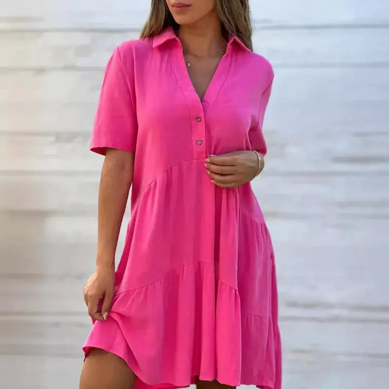 Bright Pink Tiered A-Line Shirt Dress — Simple Shirt Dresses
