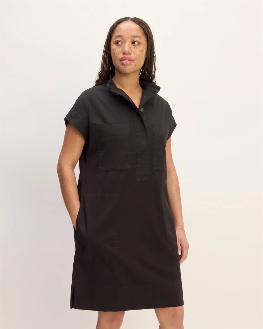 Black Cotton A-Line Shirt Dress with Chest Pockets — Simple Shirt Dresses