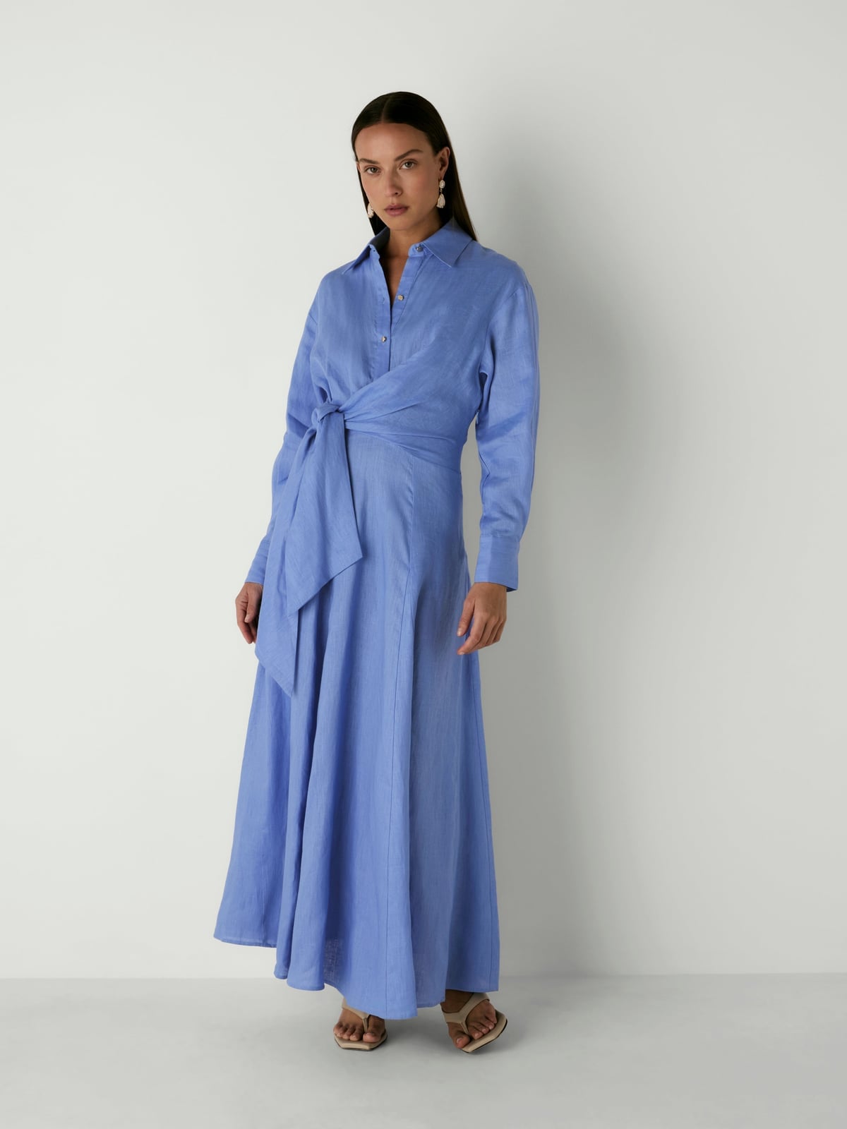 Sky Blue Linen Blend Shirt Dress with Tie Waist — Simple Shirt Dresses
