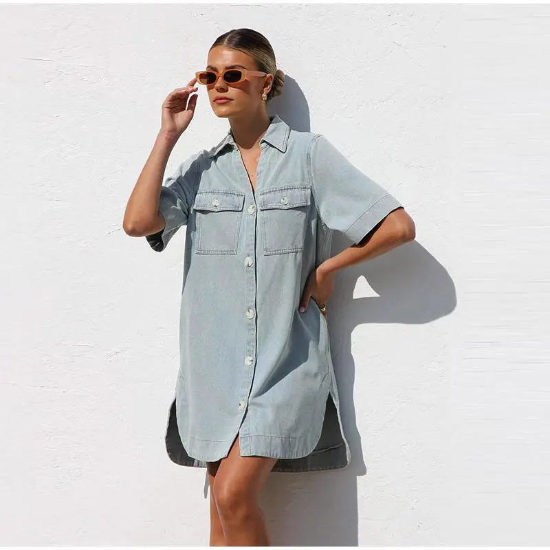 Light Blue Denim Short Shirt Dress with Double Pockets — Simple Shirt Dresses