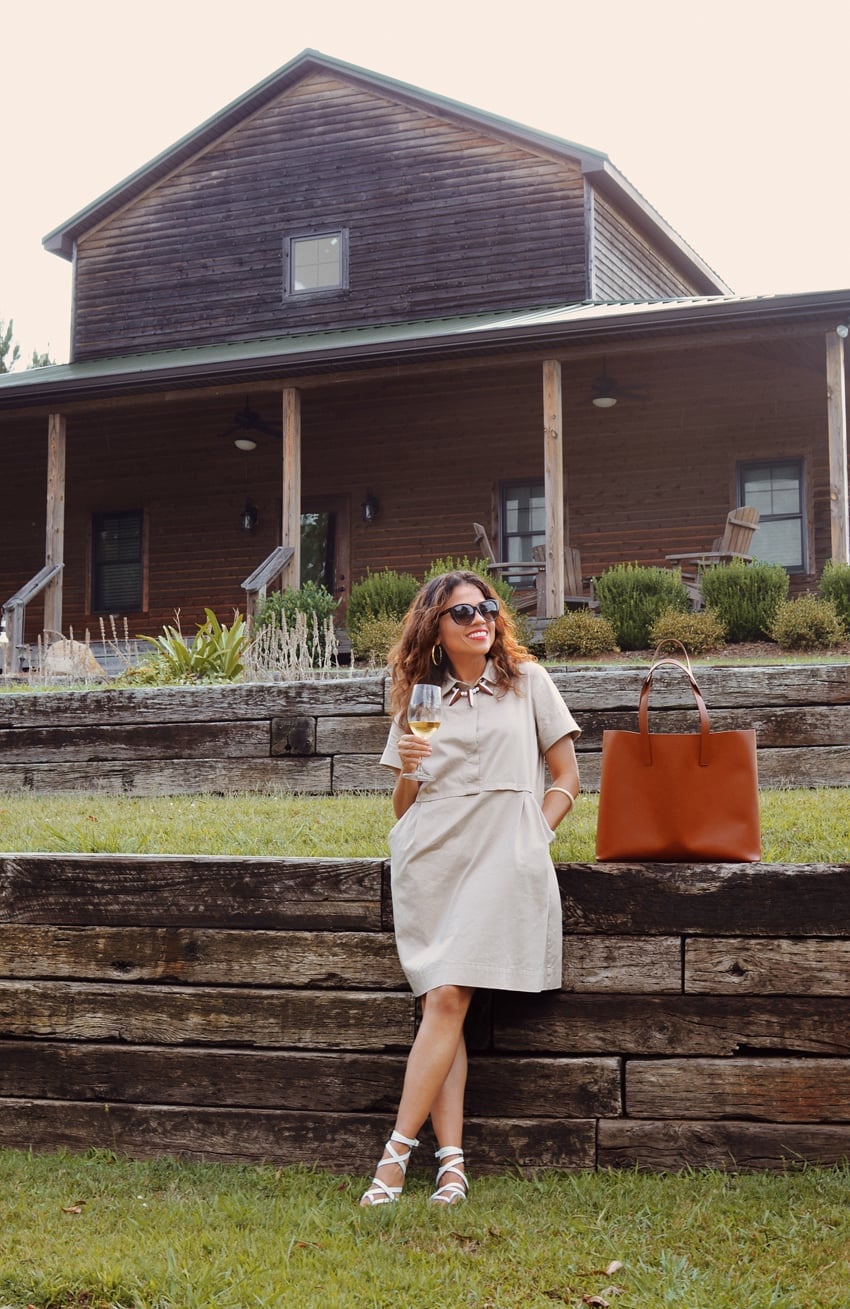 Beige Linen Blend A-Line Shirt Dress with Statement Necklace — Simple Shirt Dresses