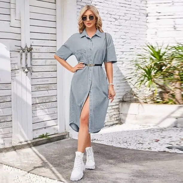 Light Blue Denim Midi Shirt Dress with Belt — Simple Shirt Dresses