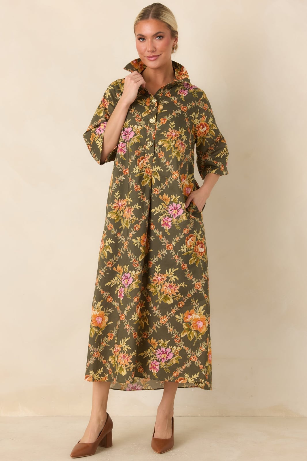 Olive Green Floral Print A-Line Midi Shirt Dress — Simple Shirt Dresses