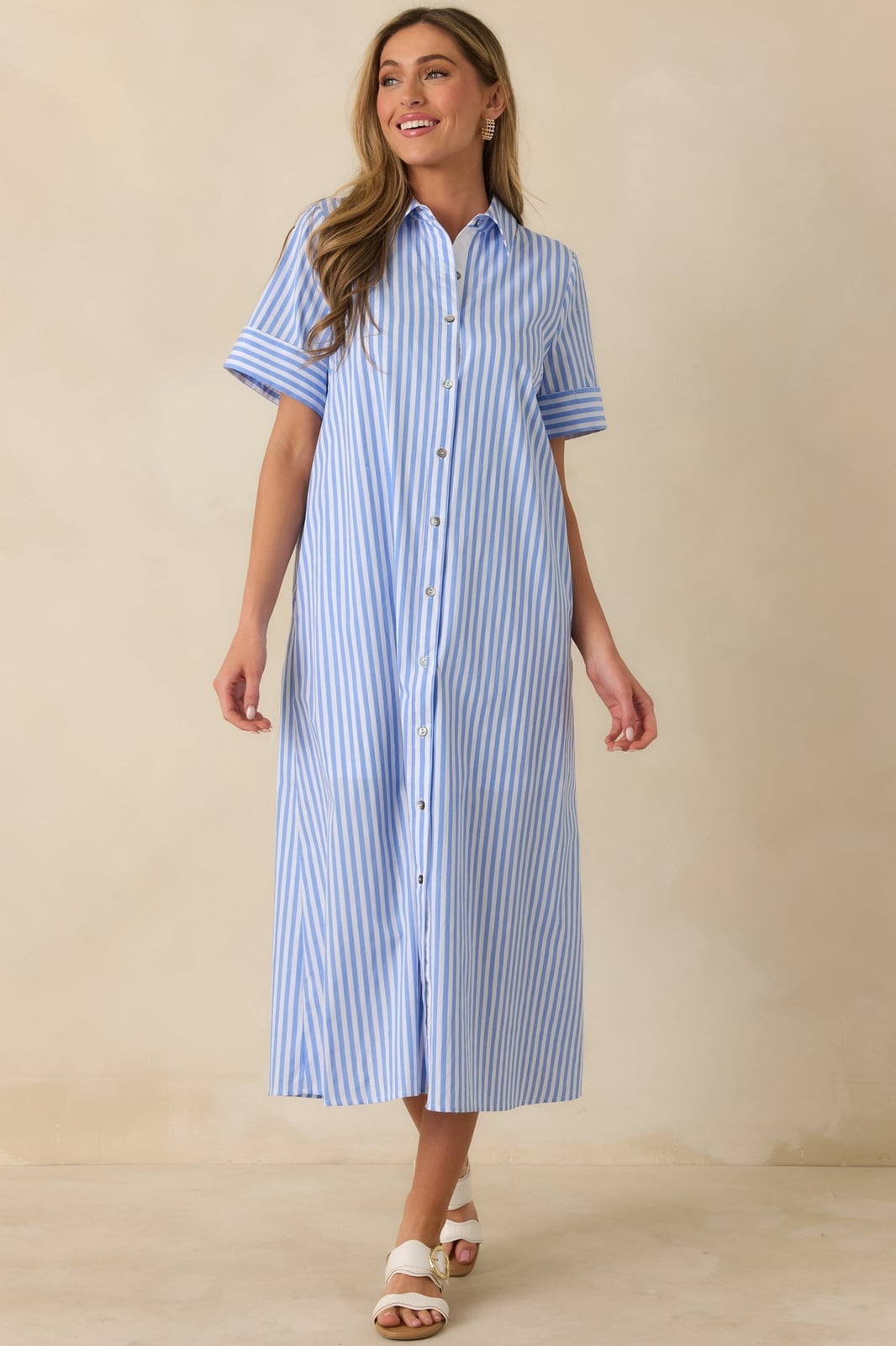 Loose Blue and White Striped Short-Sleeved Shirt, Office-Safe Version — Simple Shirt Dresses